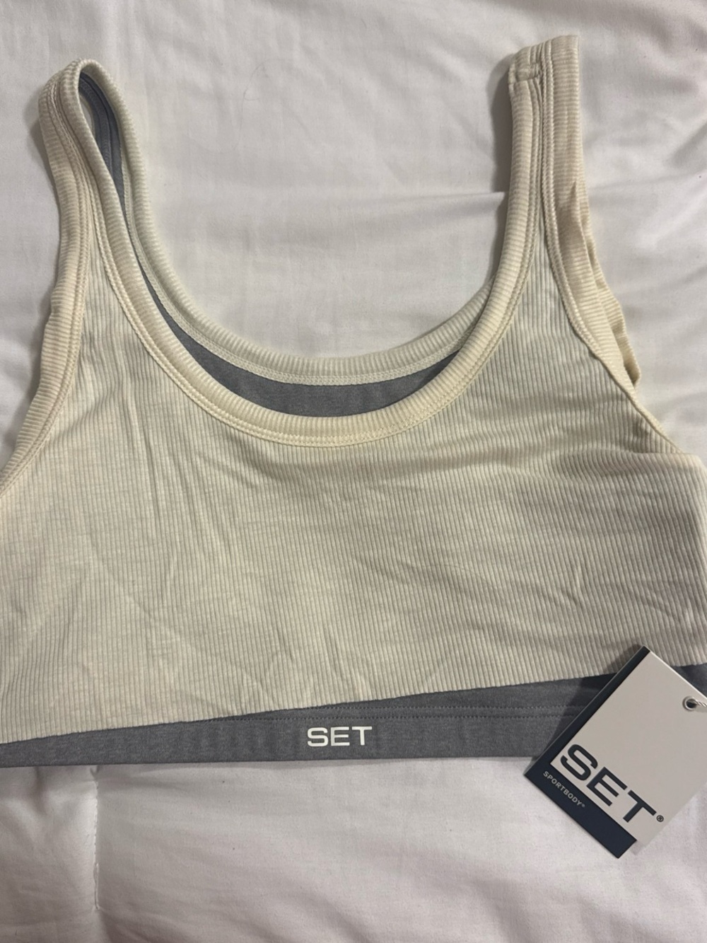 SET Active Cream Ribbed Sports Bra with Gray Logo Band